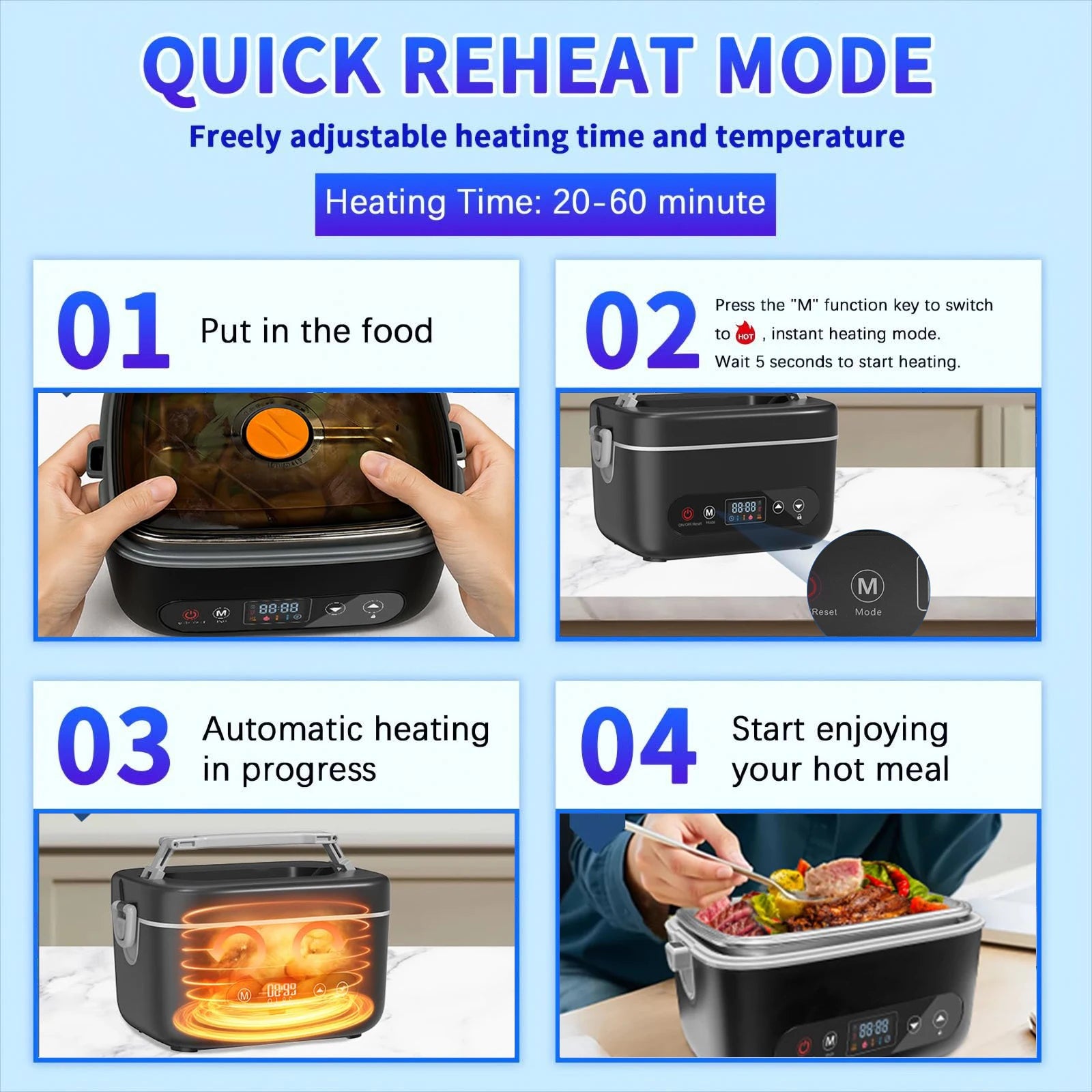 12000 mAh Wireless Lunch Box Portable Food Heater with Five-Sided Heating