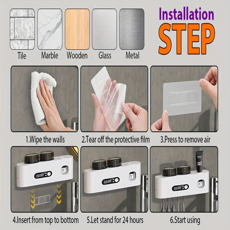 1 smart toothbrush with 2 cups, automatic toothpaste dispenser, 5-slot storage brush holder, USB lithium battery clock display