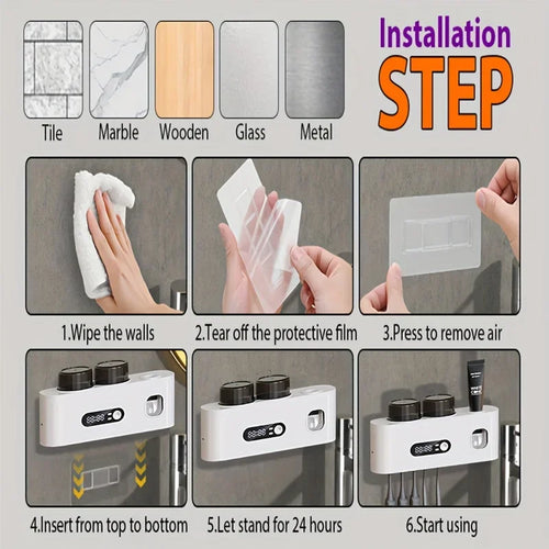 1 smart toothbrush with 2 cups, automatic toothpaste dispenser, 5-slot storage brush holder, USB lithium battery clock display