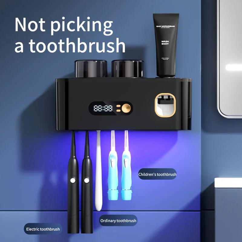 1 smart toothbrush with 2 cups, automatic toothpaste dispenser, 5-slot storage brush holder, USB lithium battery clock display