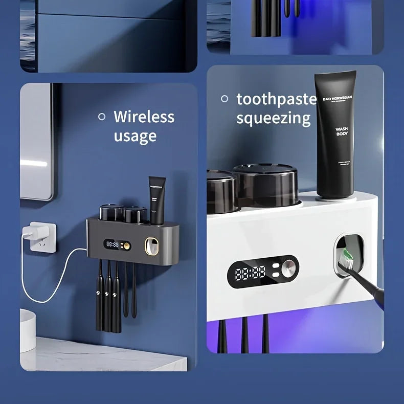 1 smart toothbrush with 2 cups, automatic toothpaste dispenser, 5-slot storage brush holder, USB lithium battery clock display
