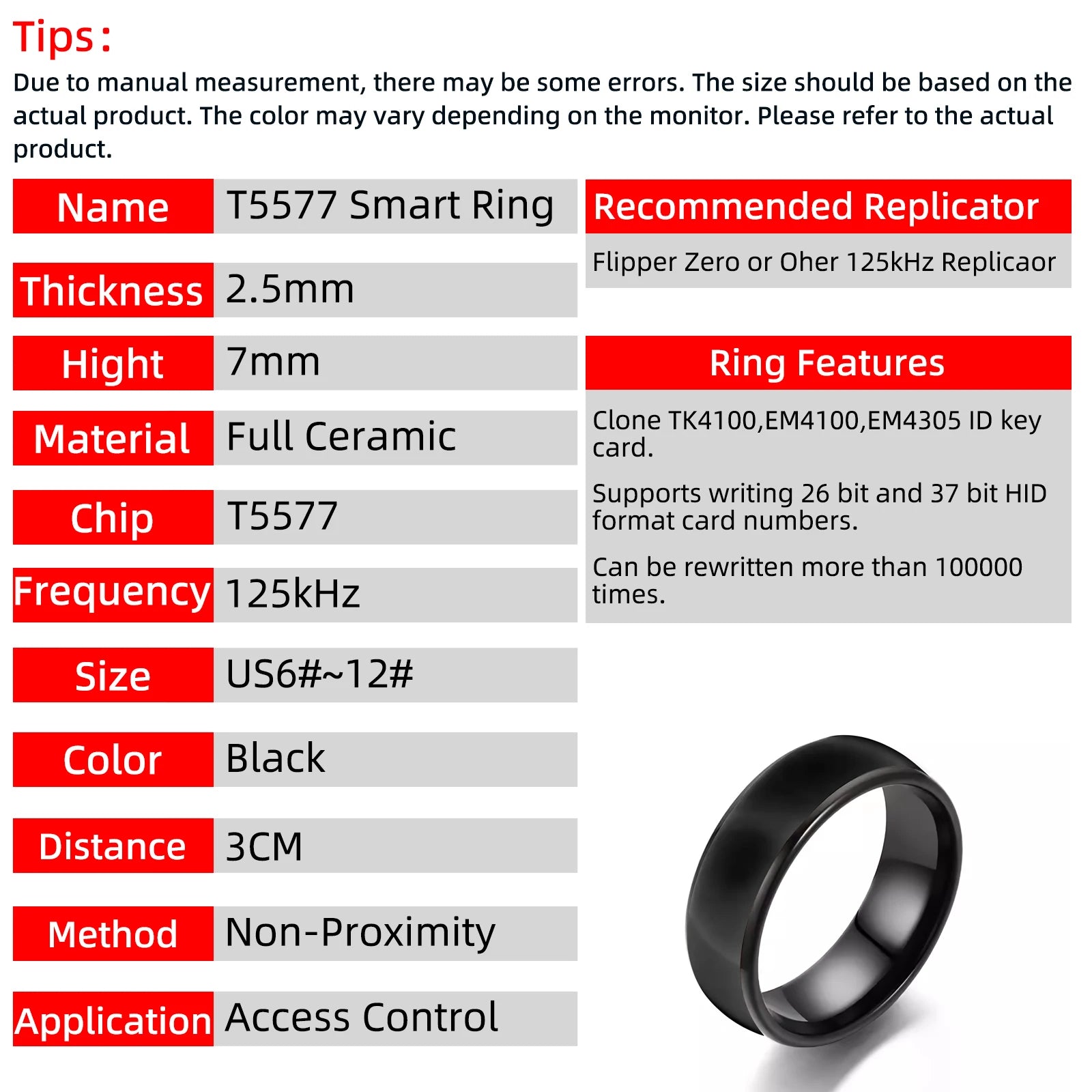 Chip RFID Black or White Ceramics Smart Finger Rewrite Ring 125KHZ